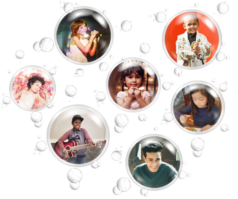picture of 6 bubbles with kids pictures in each one